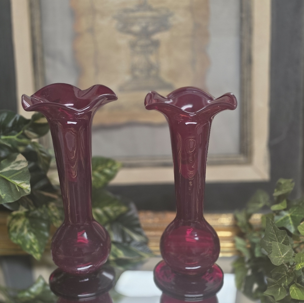 Two Vintage Elegant Burgundy Hand blown Glass Vases